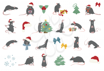 Different rats christmas collection. Rat poses and exercises. Cute cartoon new year clipart set. Vector illustration