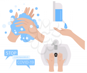 Hand disinfection as a means of protection against the virus. Quarantine, stop coronavirus epidemic design concept. Vector illustration