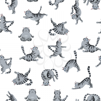 Cats yoga seamless pattern. Different yoga poses and exercises. Striped and tabby cat colors. Vector illustration