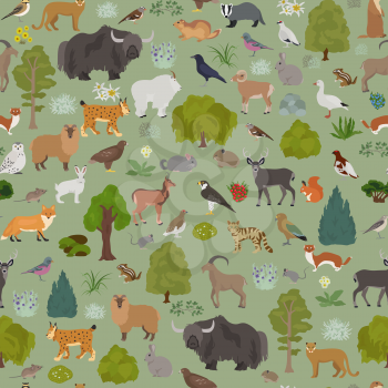 Apine tundra biome, natural region seamless pattern. Terrestrial ecosystem world map. Animals, birds and plants design set. Vector illustration