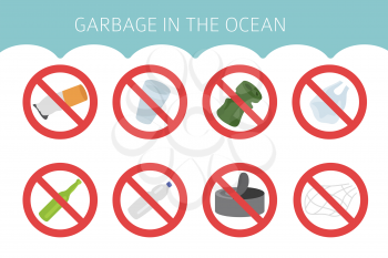 Global environmental problems. Ocean pollution icon set. Vector illustration
