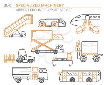 Special machinery collection. Airport ground support service linear vector icon set isolated on white. Illustration