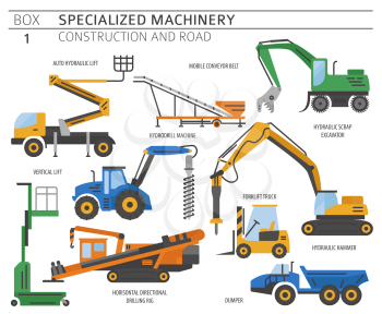 Special industrial construction and road machine coloured vector icon set isolated on white. Illustration