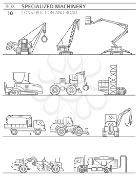 Special industrial construction and road machine linear vector icon set isolated on white. Illustration