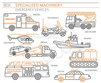 Specialized machines, emergency vehicles linear vector icon set isolated on white. Illustration