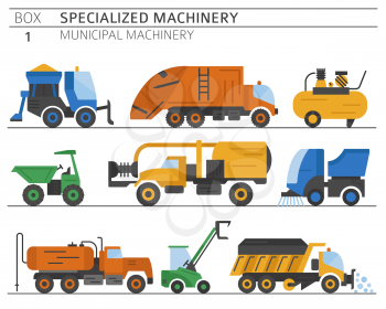 Special industrial road and municipal machine. Colour flat vector icon set isolated on white. Illustration
