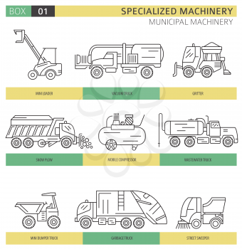 Special industrial road and municipal machine linear vector icon set isolated on white. Illustration