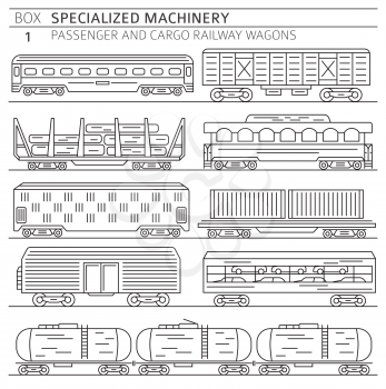 Special machinery collection. Passenger and cargo railway wagons linear vector icon set isolated on white. Illustration