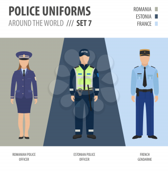 Police uniforms around the world. Suit, clothing of european police officers vector illustrations set