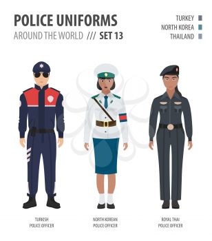 Police uniforms around the world. Suit, clothing of asian police officers vector illustrations set