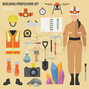 Profession and occupation set. Geologist tools and equipment. Uniform flat design icon. Vector illustration 