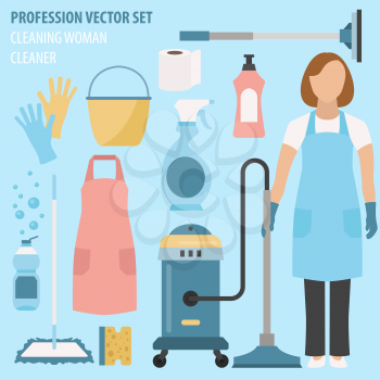Profession and occupation set. Cleaning woman uniform, equipment flat design icon.Vector illustration 