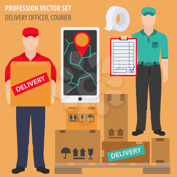 Profession and occupation set. Delivery officer equipment, courier uniform flat design icon.Vector illustration 