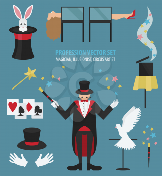 Profession and occupation set. Magician, illusionist, circus artist flat design icon. Vector illustration 