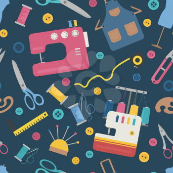 Profession and occupation set. Seamstress and tailor equipment seamless patter, flat design icon. Vector illustration 