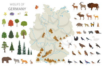 Flat design of Germany wildlife. Animals, birds and plants constructor elements isolated on white set. Build your own geography infographics collection. Vector illustration