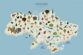 Isometric 3d design of Ukraina wildlife. Animals, birds and plants constructor elements isolated on white set. Build your own geography infographics collection. Vector illustration