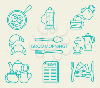 Breakfast flat vector icon set. Illustration