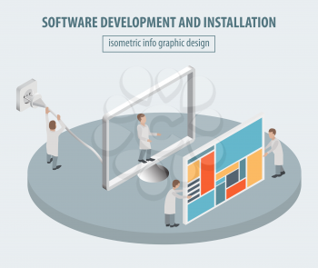 Computer technology isometric collection. Software development and installation. Vector illustration