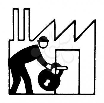 Royalty Free Clipart Image of a Person Putting a Big Lock on a Factory