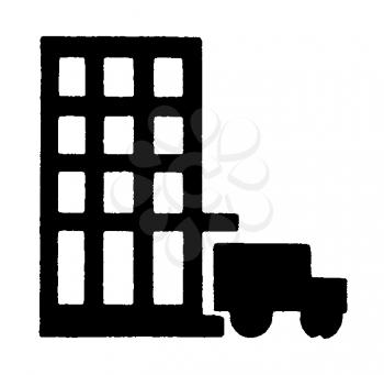 Royalty Free Clipart Image of a Truck at a Building