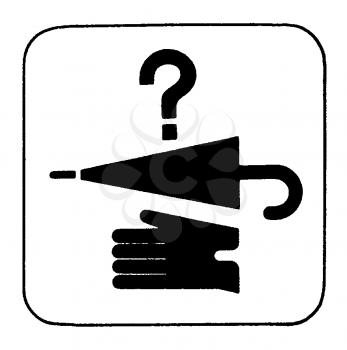 Royalty Free Clipart Image of a Sign with a Question Mark, Umbrella and a Glove