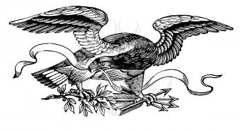 Royalty Free Clipart Image of an Eagle, holding Arrows and a Ribbon