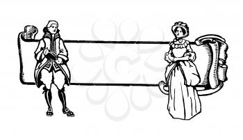 Royalty Free Clipart Image of a Banner with a Man and Woman. Victorian Style.