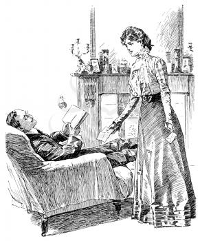 Royalty Free Clipart Image of a Woman Talking to a Man in a Chair