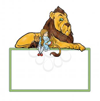 Royalty Free Clipart Image of a Lion, Girl, and Dog