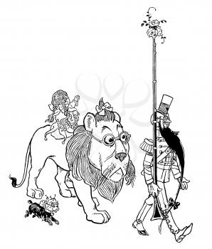 Royalty Free Clipart Image of a Lion, Girl, Dog, and Man