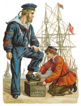 Royalty Free Clipart Image of Sailor Getting a Shoeshine
