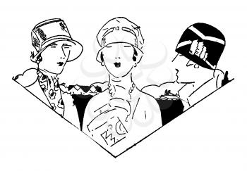 Royalty Free Clipart Image of Three Women Wearing Hats 