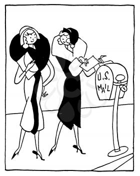 Royalty Free Clipart Image of a Pair of Ladies Mailing a Latter 