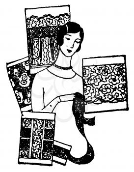 Royalty Free Clipart Image of a Woman Looking at Different Fabric Samples
