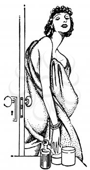 Royalty Free Clipart Image of a Woman Wrapped in a Towel About to Put Powder Product on