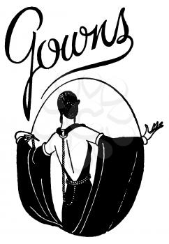Royalty Free Clipart Image of a Vintage Gowns Advertisement