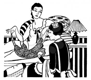 Royalty Free Clipart Image of a Woman Getting Ready for an Outing With the Help of Her Maid 