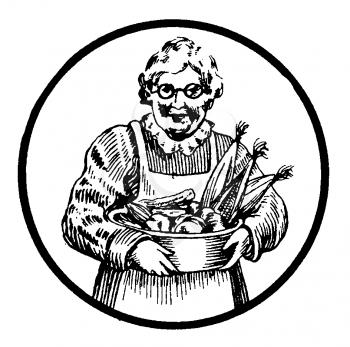 Royalty Free Clipart Image of an Older Woman Holding a Basket Of Produce