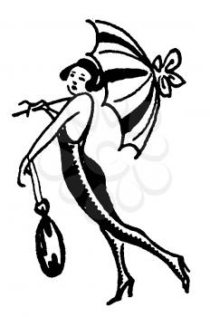 Royalty Free Clipart Image of a Woman Exaggeratedly Strutting With an Umbrella 