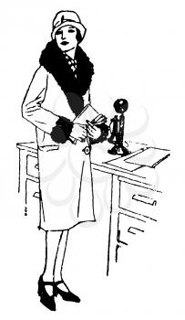 Royalty Free Clipart Image of a Woman Standing Next to a Phone 