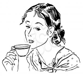 Royalty Free Clipart Image of a Sleepy Woman Sipping Tea
