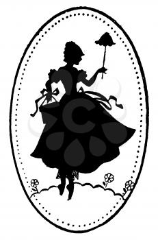 Royalty Free Silhouette Clipart Image of a Woman Standing on a Hill Holding an Umbrella and a Basket