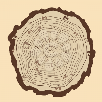 Tree rings  and saw cut tree trunk. vintage style