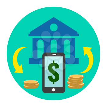 Mobile Banking Icon. Flat style illustration. Isolated in colored circle on white background. 