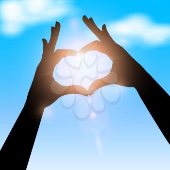 Love shape hand silhouette in sky. Concept vector illustration