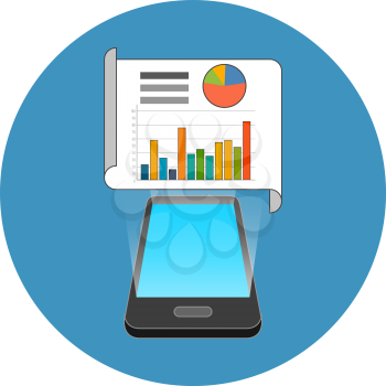 Smartphone data, infographic app concept. Isometric design. Icon in blue circle on white background.