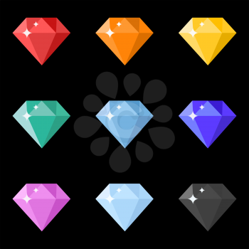 Diamonds icons set in different colors on the black background. Flat design. Vector illustration