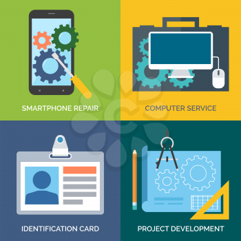 Set of flat design concept icons for business. Smartphone repair, Computer service, Identification card and Project development. Vector Illustration.