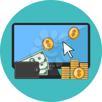 Making money online concept. Flat design. Icon in turquoise circle on white background